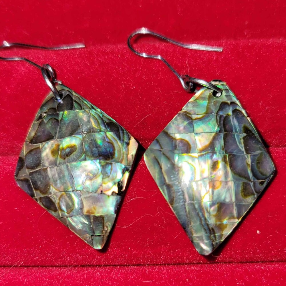 Antique Abalone Shell and Silver Fishhook Diamond Earrings